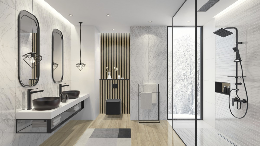 Czarny minimalizm w łazience z armaturą FERRO