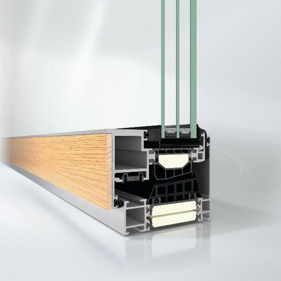 Przekrój przez okno drewniano-aluminiowe Schüco AWS 90 BS.SI+ WoodDesign.