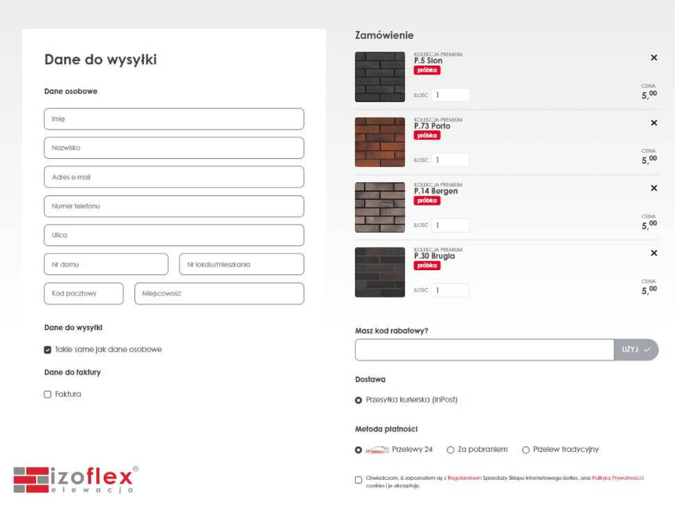 Wygodne zamawianie próbek płytek elewacyjnych Izoflex z dogodną formą płatności Przelewy24