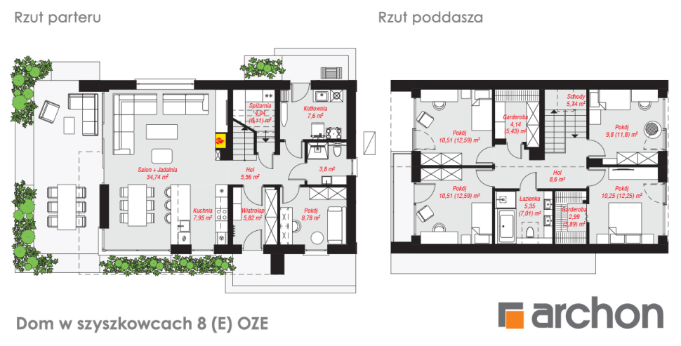 Dom w szyszkowcach 8 (E) OZE - rzut parteru i rzut poddasza