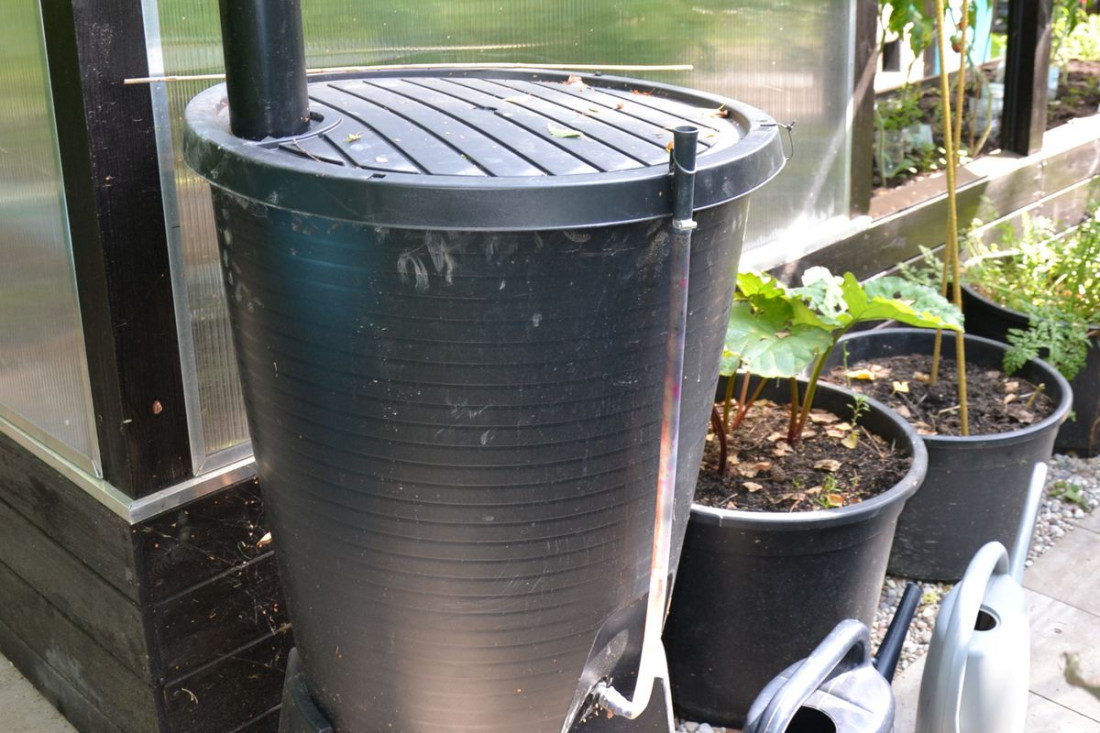 4 zbiorniki na deszczówkę do podlewania warzywnika