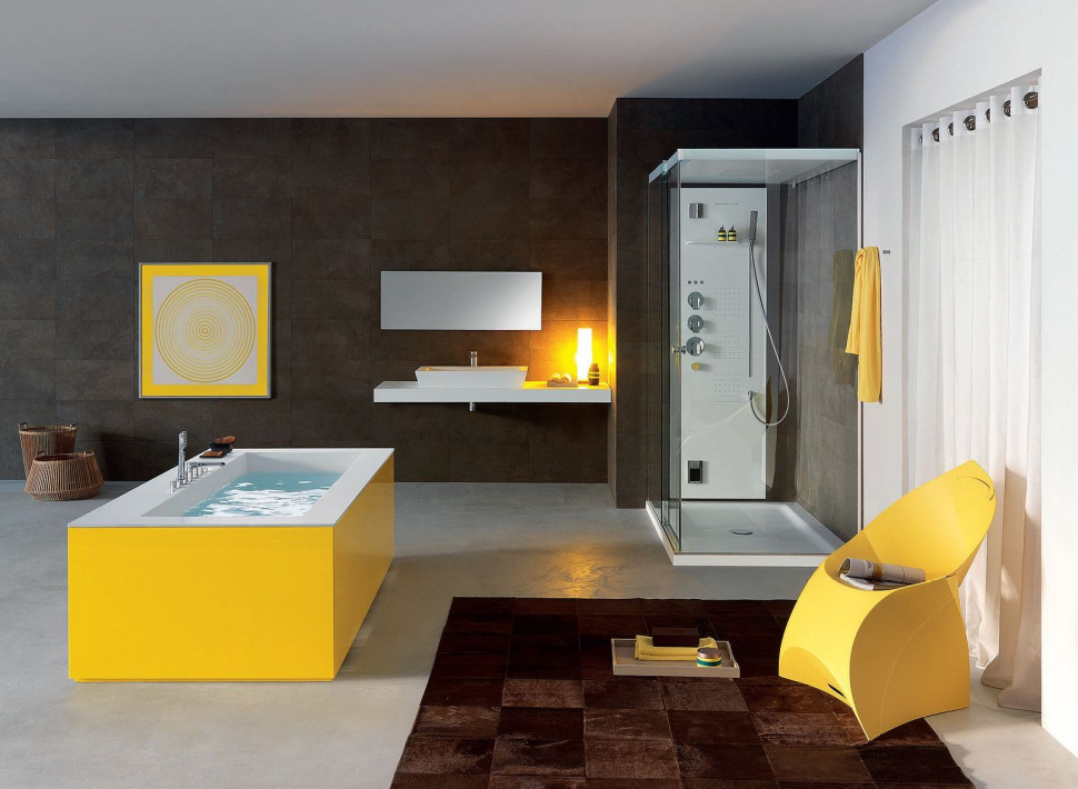 Kolorowa obudowa wanny z kolekcji Paper i utrzymane w tej samej cytrynowej barwie detale