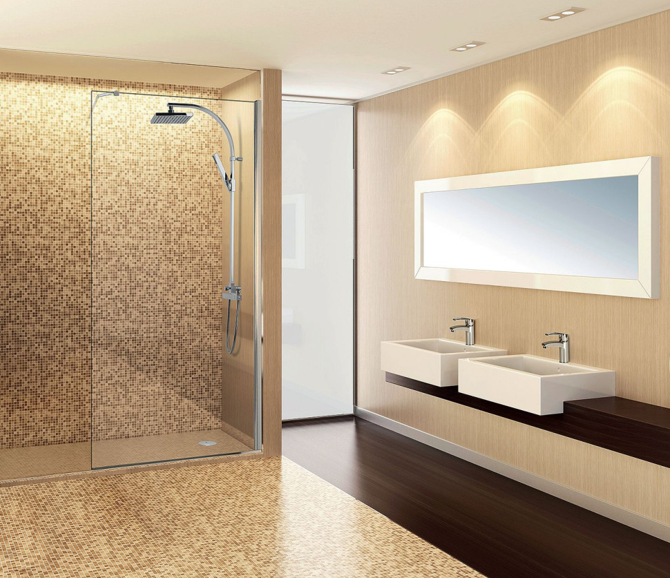 Minimalistyczna kabina Abelia typu walk-in ze szkła hartowanego z chromowanymi wykończeniami