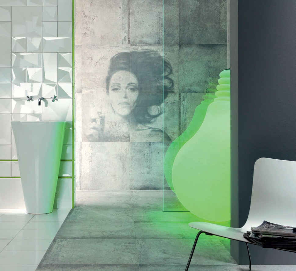 Wnętrze wykończone płytkami z zaprojektowanej przez Macieja Zienia kolekcji Berlin Tempelhof. W głębi czteroelementowy dekor ścienny Marylin