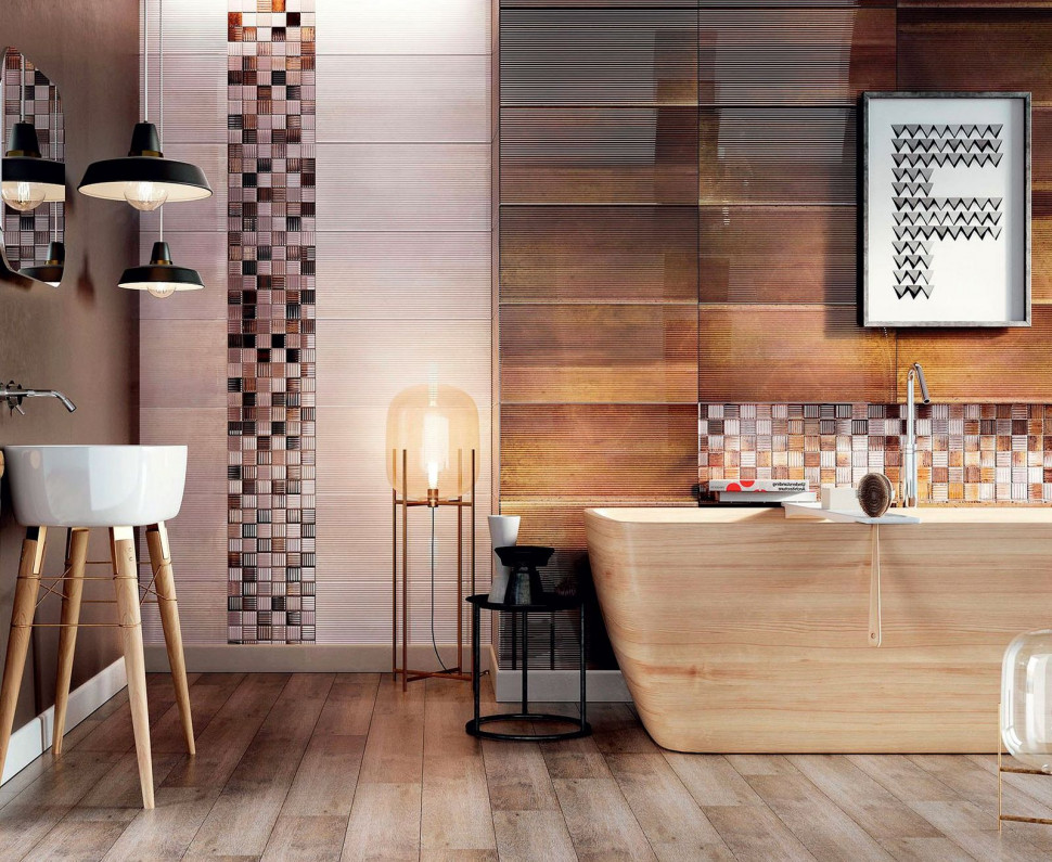 Gres imitujący deski podłogowe ciekawie komponuje się z oryginalnymi płytkami i mozaikami z kolekcji Structural