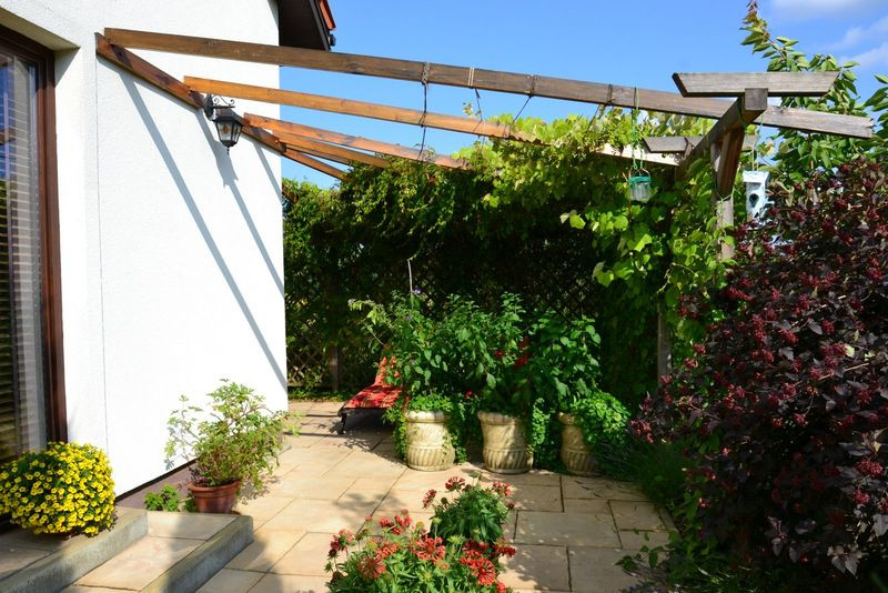 Taras od południa (wzdłuż jadalni) wychodzi w głąb działki na 4 m