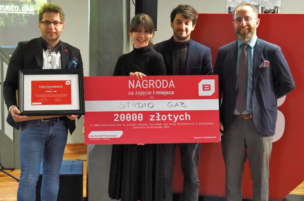 I miejsce w konkursie zorganizowanym przez Grupa Burkietowicz na zaprojektowanie biurowca firmy: STUDIO GAB