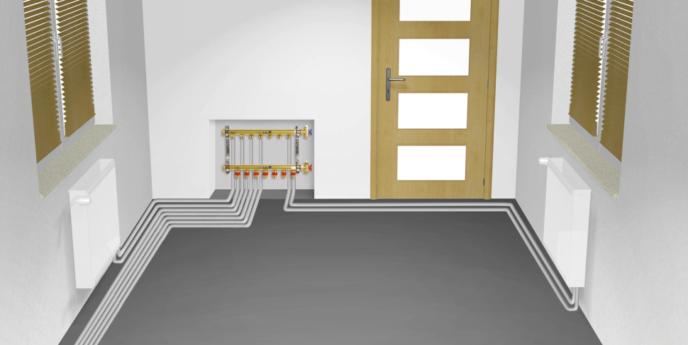 Przykładowe rozprowadzenie przewodów od rozdzielacza do grzejnika ze zmianą trasy