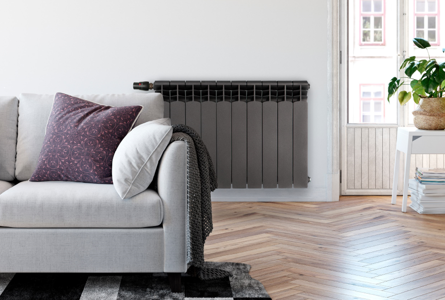 Grzejnik aluminiowy G500F KFA Armatura w kolorze grafitowym.