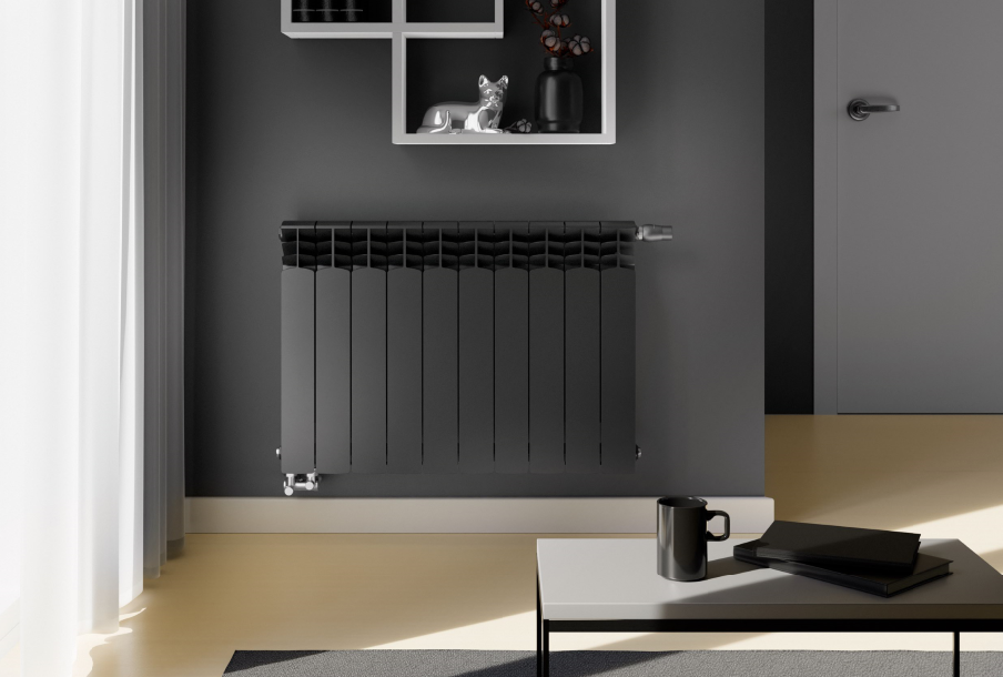 Grzejnik aluminiowy G500F KFA Armatura w kolorze czarnym.