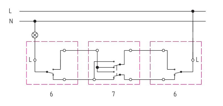 Łącznik krzyżowy (7) podłączony do dwóch łączników schodowych (6). schemat. OSPEL S.A.