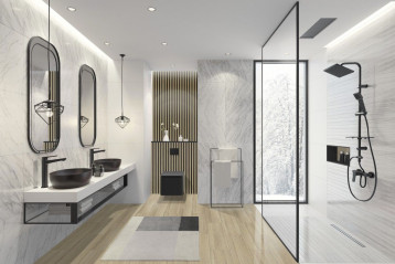 Bateria natryskowa Stratos Black - łazienka w czerni i bieli