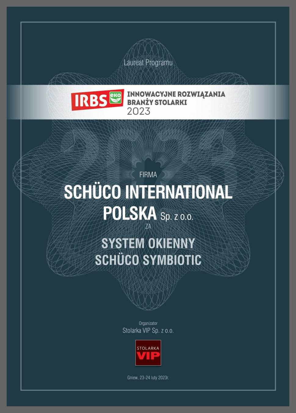 Dyplom dla systemu okiennego Schüco Symbiotic w programie IRBS 2023