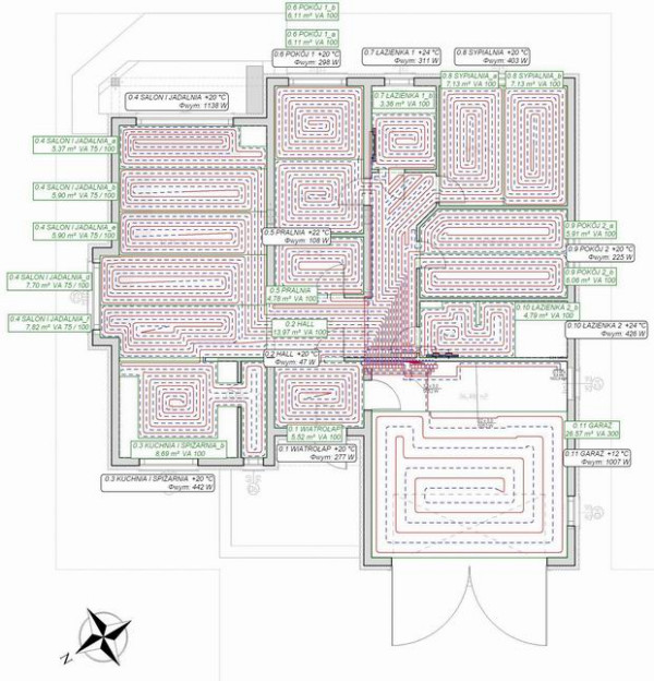 Rysunek: Wrysowane spirale ogrzewania podłogowego