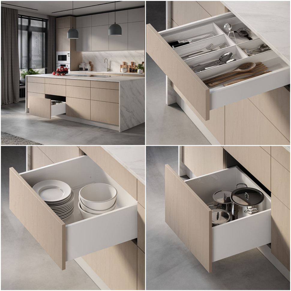 Pełny wysuw w długościach od 300 do 550 mm umożliwia dostęp do całej zawartości szuflady.