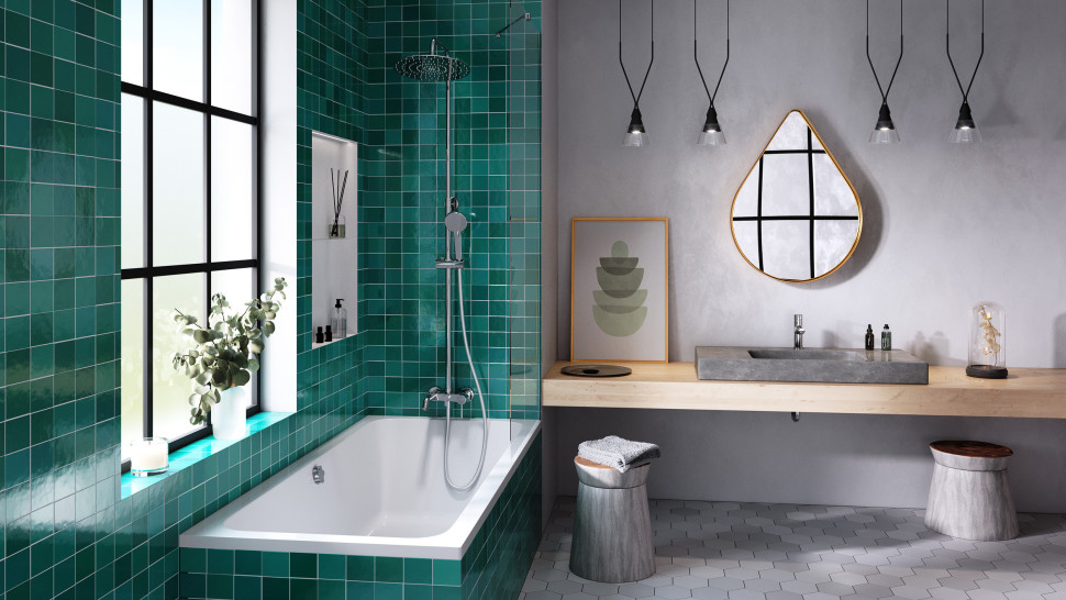 Bateria umywalkowa stojąca Fiesta; Deszczownia z natryskiem i baterią wannową Fiesta