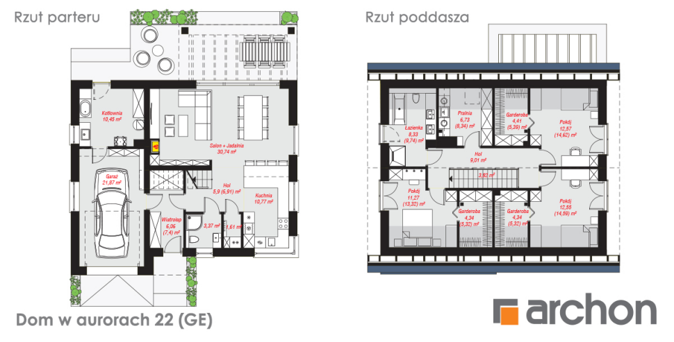 Projekt Dom w aurorach 22 (GE) - rzut parteru i rzut poddasza