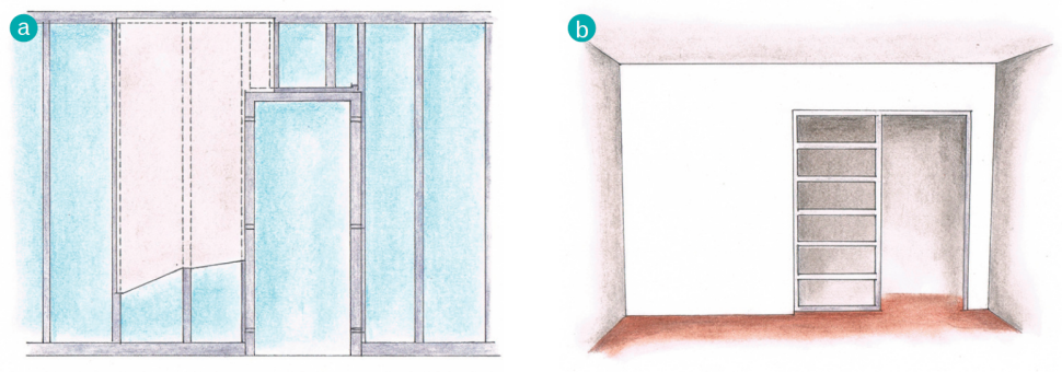 Rysunek: Drzwi mogą chować się w ściance zbudowanej z płyt g-k (a) albo w specjalnej kasecie (b)