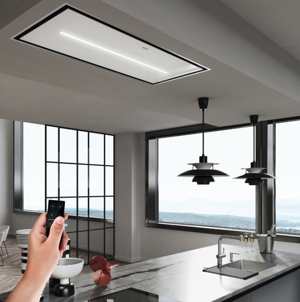 Okap sufitowy Mythos Air Hub FCMY 120 C WHG A AH w wykończeniu z białego szkła i stali szlachetnej.