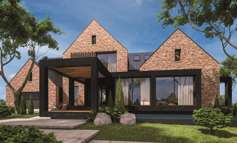 Fragment elewacji pokryty ciemnym tynkiem Knauf Deco Design Mika