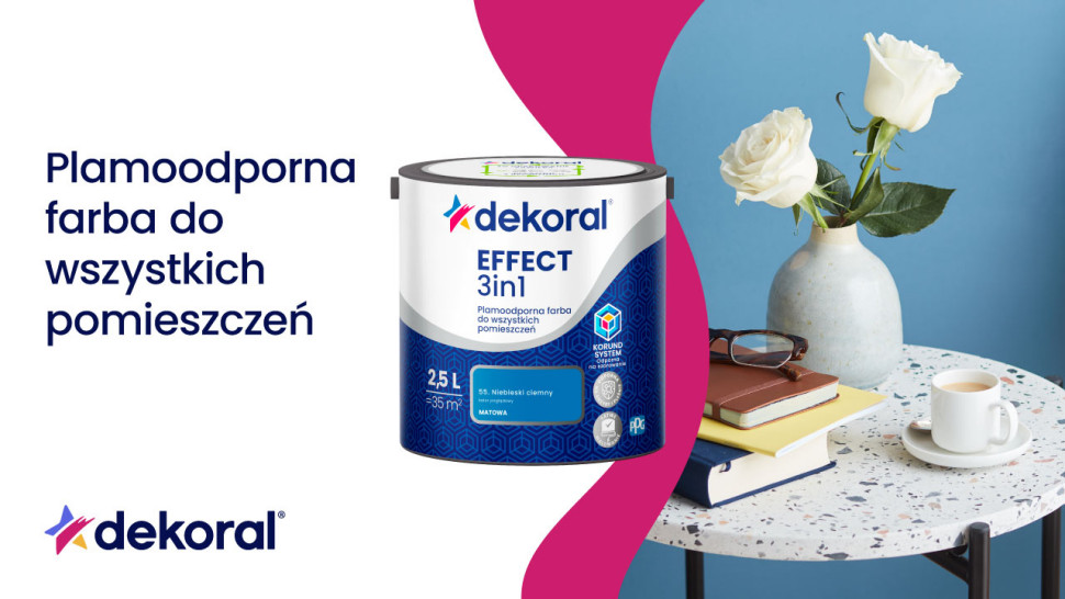 Szeroka oferta wysokiej jakości produktów rodziny Dekoral obejmuje farby białe i kolorowe do ścian i sufitów, farby fasadowe oraz emalie do drewna, metalu i betonu