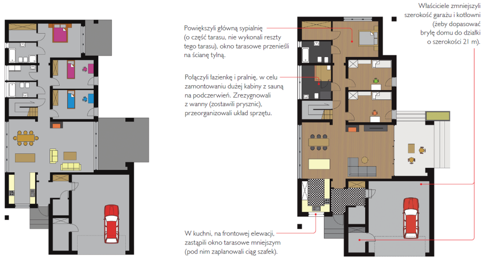Architektura: Domy z Wizją, projekt Rodzinny 4 (lustrzane odbicie), adaptacja projektu Bożena Członkowska; Rzut parteru i rzut parteru po zmianach
