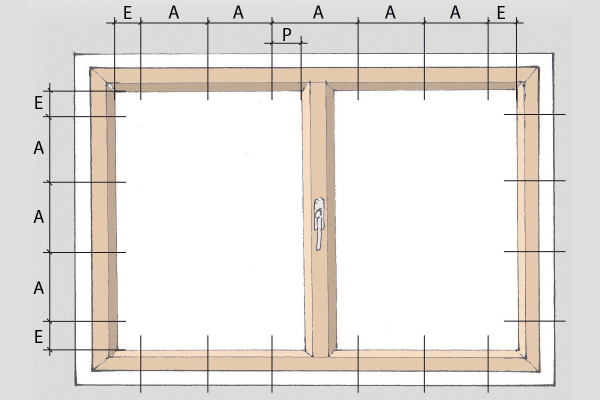 Schemat właściwego rozmieszczenia punktów mocowania okien i drzwi (wg Instrukcji 421/2006 Instytutu Techniki Budowlanej - Montaż okien i drzwi balkonowych)