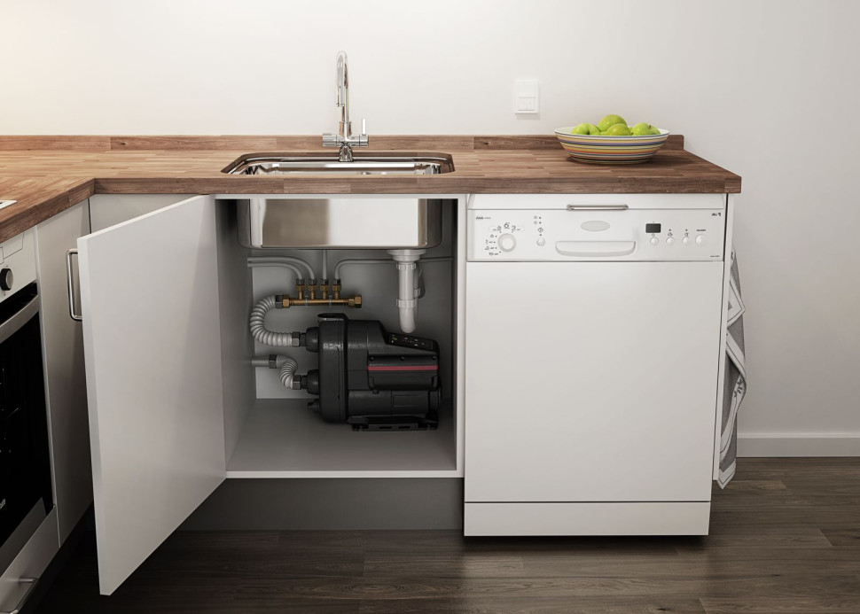 Hydrofor Grundfos SCALA2 zamontowany w szafce pod zlewem