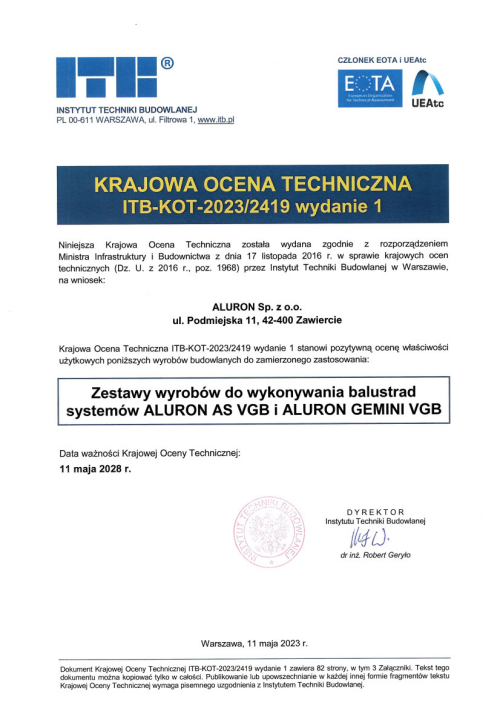 Balustrada AS VGB o najszerszej skali zastosowań potwierdzonej Krajową Oceną Techniczną!