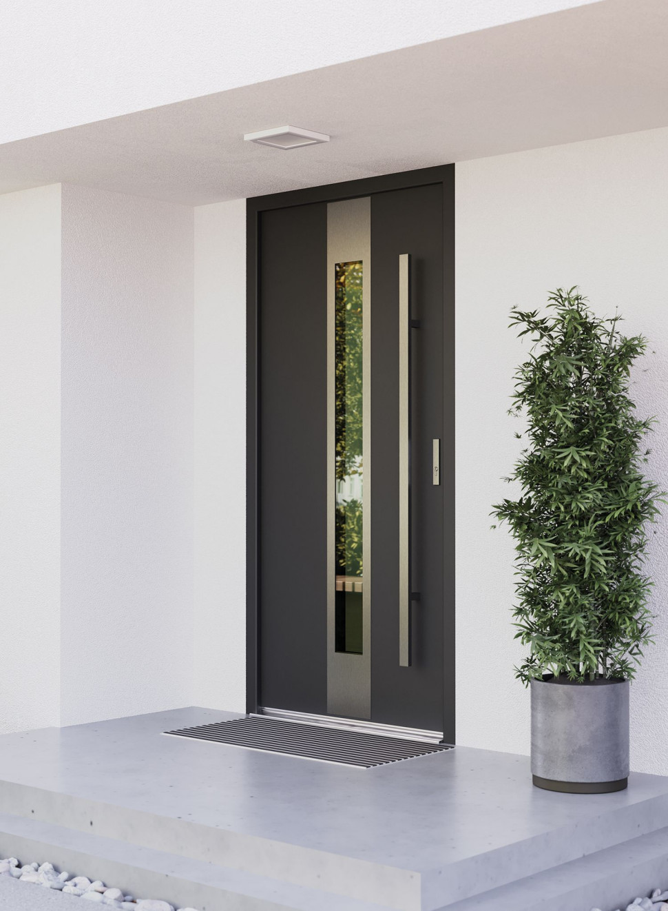 Drzwi zewnętrzne PORTA THERMO z linii GLASS G3 w kolorze czarnym, ze srebrnym panelem i szybą
