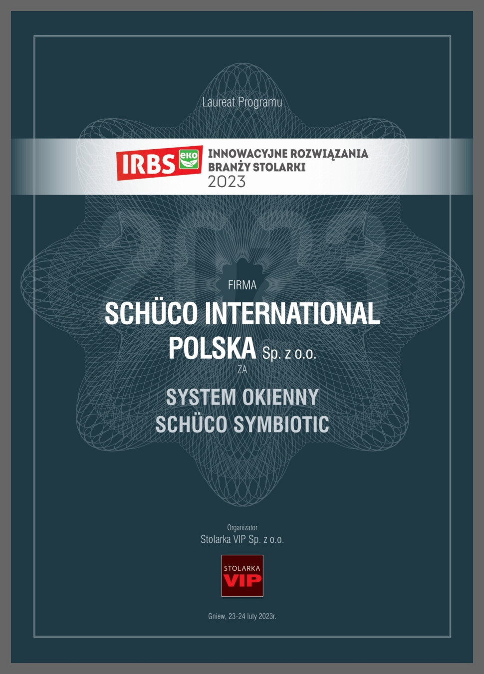 Dyplom dla systemu okiennego Schüco Symbiotic w programie IRBS 2023