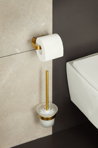 Akcesoria łazienkowe w kolorze szczotkowanego złota od KFA Armatura