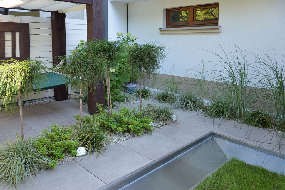 Wąska rabata z trawami ozdobnymi zasłania ścianę szeregowca, natomiast ta z tujami szczepionymi na pniu (odm. Whipcord) i karłowymi azaliami japońskimi - pergolę z hamakiem