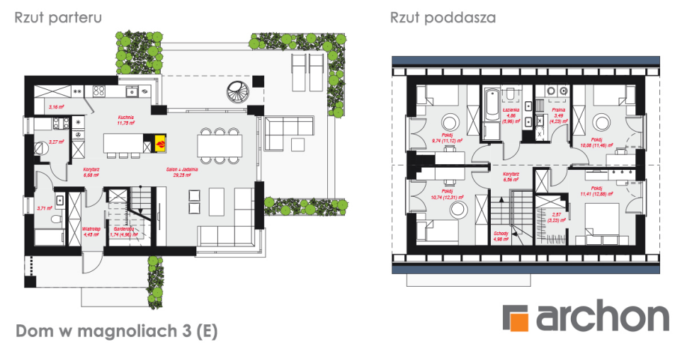 Projekt Dom w magnoliach 3 (E) - rzut parteru i rzut poddasza