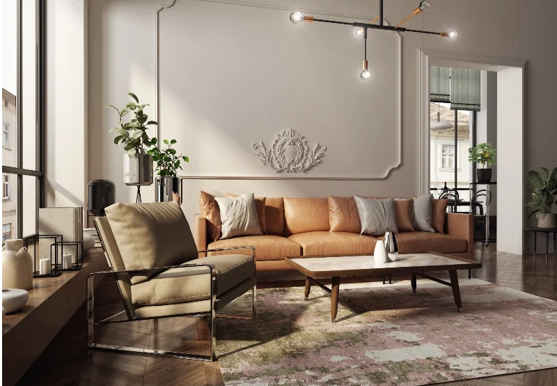 Typowe dla stylu modern classic są sztukaterie, stiuki, a także parkiety układane w jodełkę.