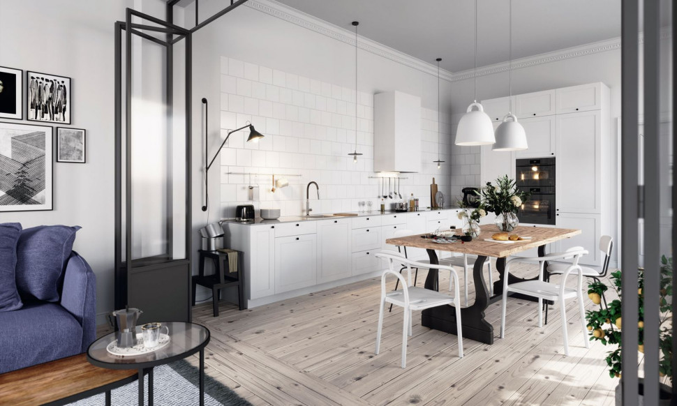 Kuchnia oddzielona od salonu harmonijkowymi szklanymi drzwiami