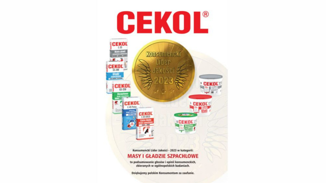 Złote godło w programie Konsumencki Lider Jakości 2023 dla marki CEKOL w kategorii masy i gładzie szpachlowe. 