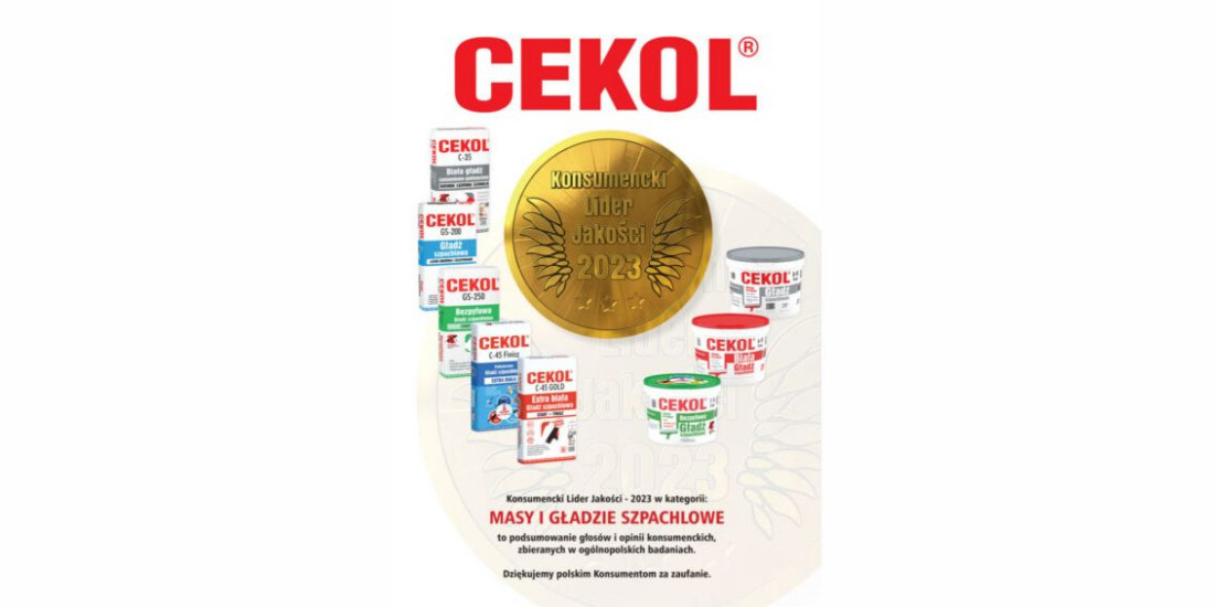 Złote godło w programie Konsumencki Lider Jakości 2023 dla marki CEKOL w kategorii masy i gładzie szpachlowe. 