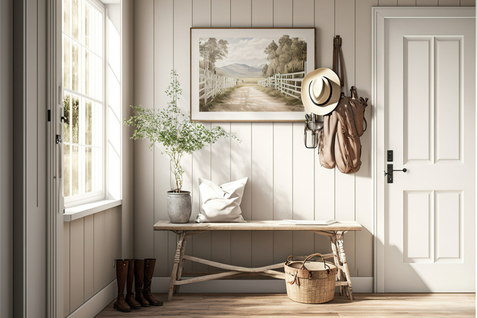 Przedpokój w stylu modern farmhouse - jest tu miejsce na naturalne materiały i sielskie dodatki.