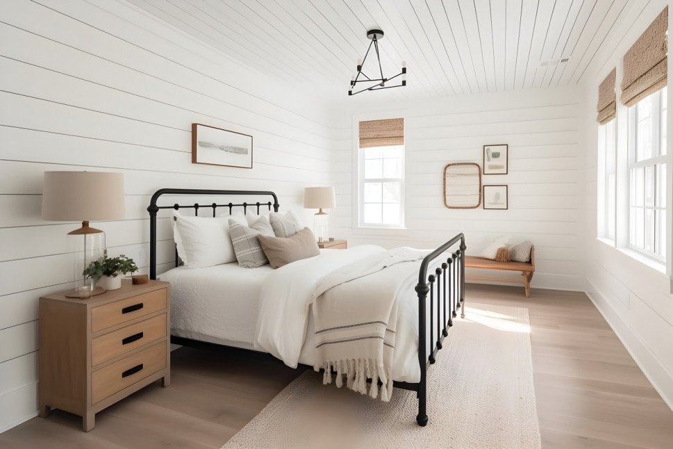 Sypialnia w stylu modern farmhouse - jest tu miejsce na miękkie dodatki i rodzinne pamiątki.