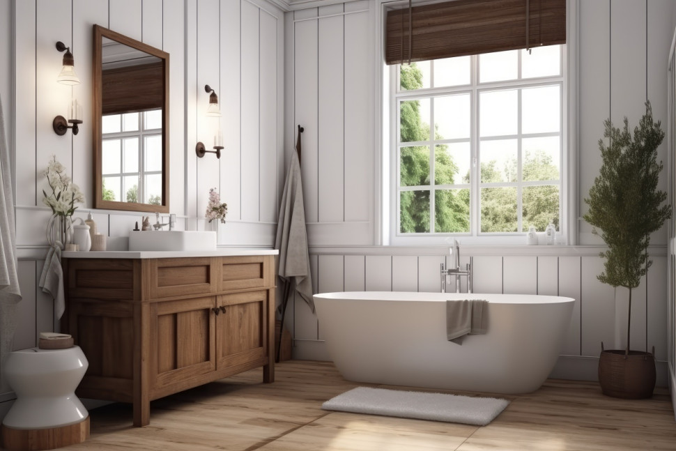 Łazienka - modern farmhouse współgra ze stylem skandynawskim, w którym pełno jest naturalnych materiałów.