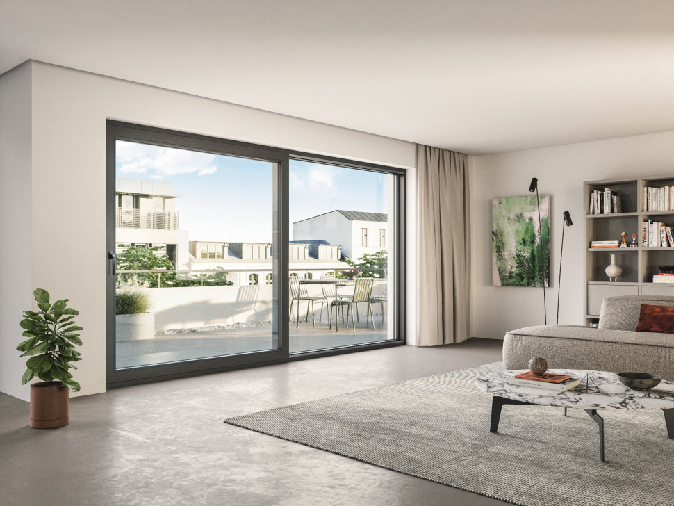 Drzwi przesuwne Schüco LivIng move jako wyjście na balkon fot. Schüco