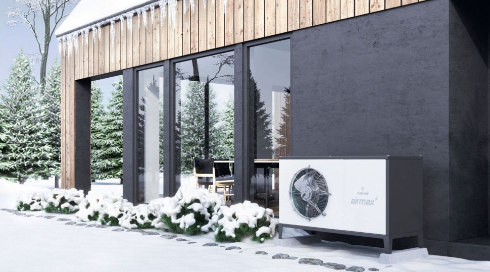Jednostka zewnętrzna pompy ciepła typu powietrze/woda - zimowa sceneria
