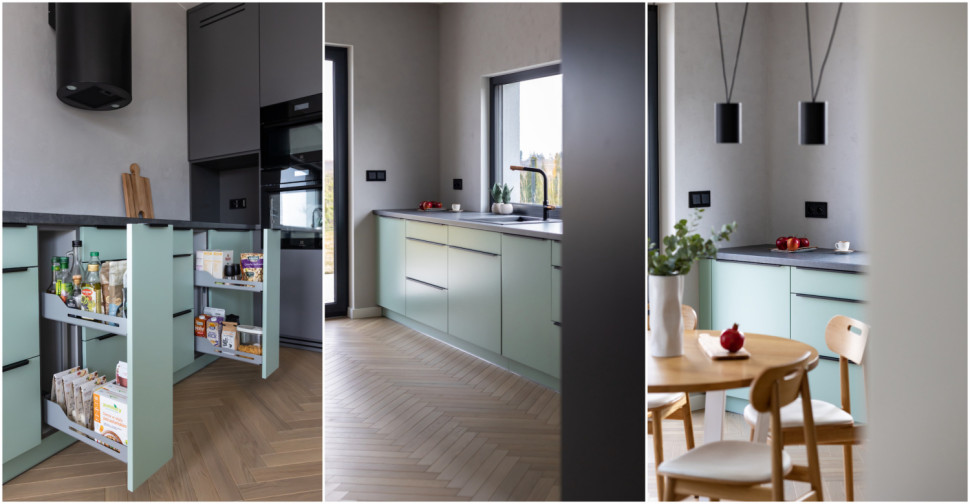 Klamrą łączącą część salonową z kuchenną jest drewniana podłoga ułożona we francuską jodełkę.