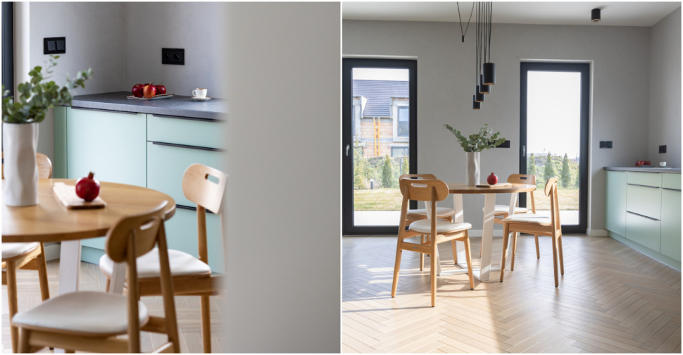 Ciąg szafek kuchennych mieszczących wszystkie niezbędne akcesoria.