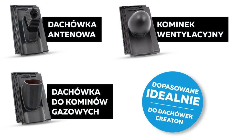 W ofercie CREATON Polska dostępne są trzy rodzaje ceramicznych dachówek przelotowych: antenowa, gazowa (do kominów gazowych) oraz solarna