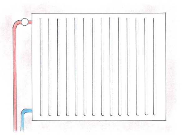 Schemat: Gdy do grzejnika podłączone są rury prowadzone w podłodze od rozdzielacza, to zastosowanie odpowietrznika staje się koniecznością