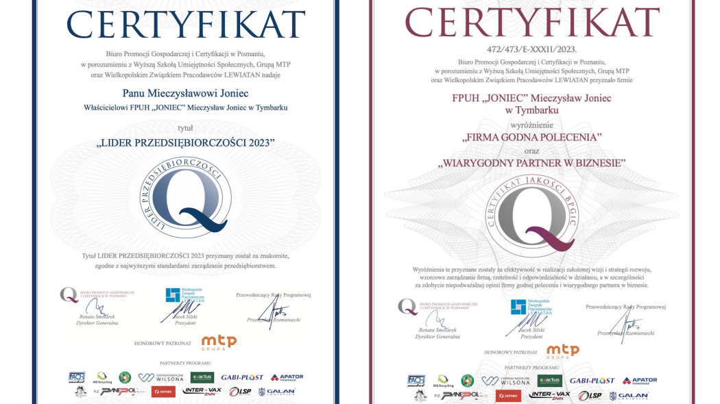 Firma JONIEC® otrzymała certyfikaty jakości BPGIC