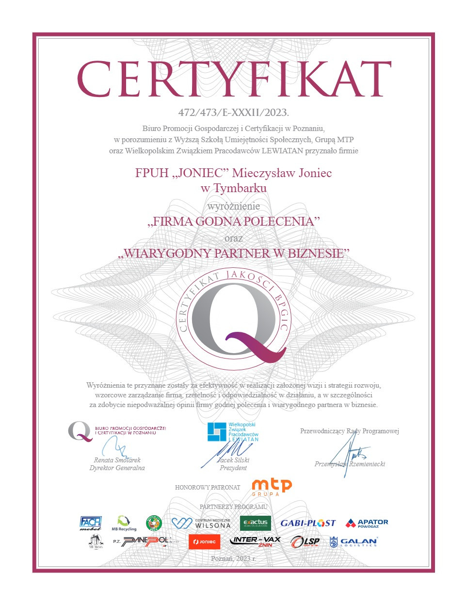 Certyfikat FIRMA GODNA POLECENIA