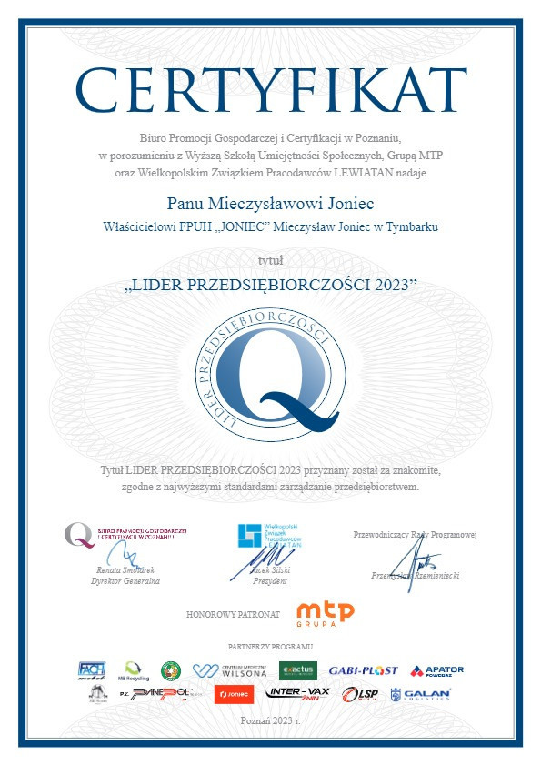 Certyfikat WIARYGODNY PARTNER W BIZNESIE